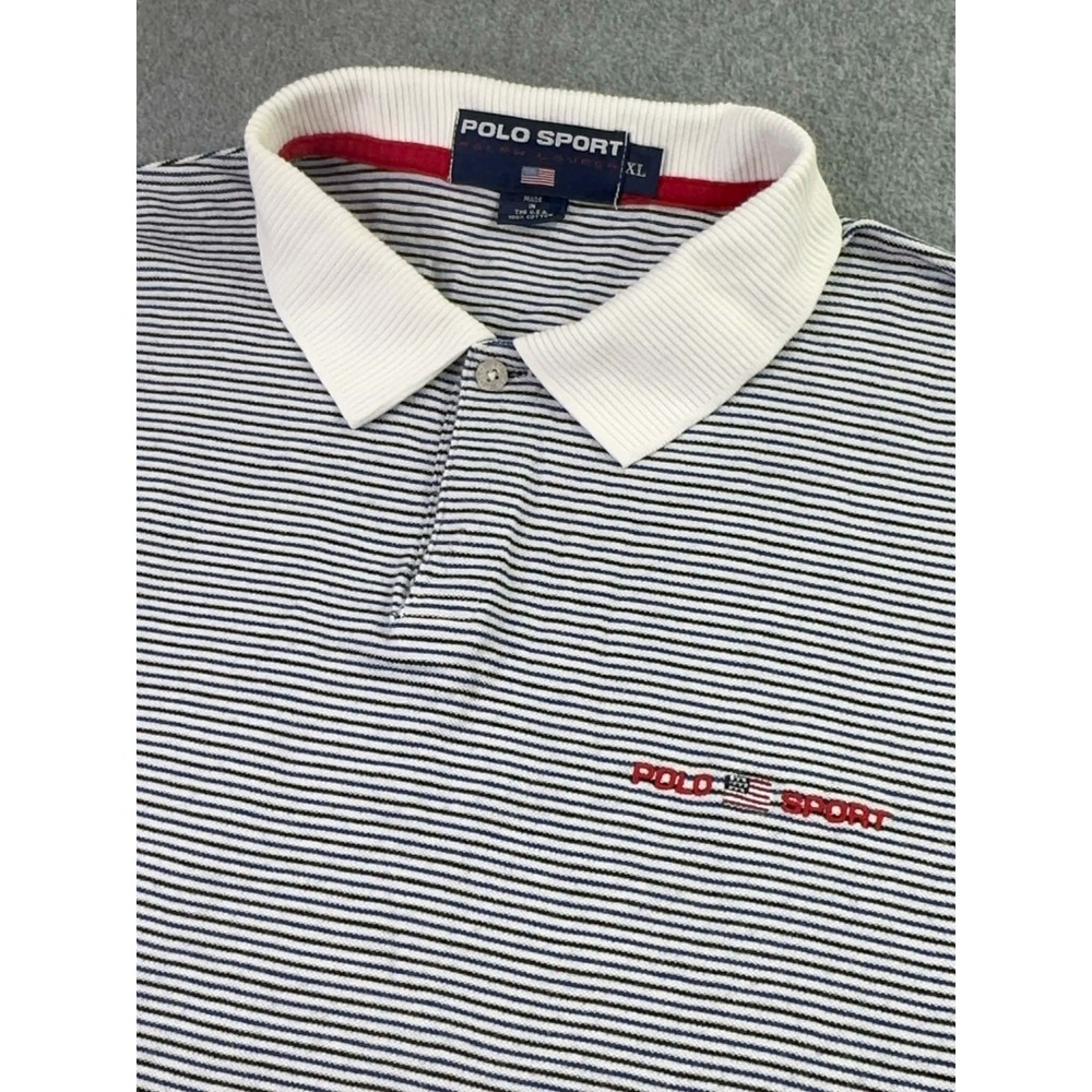Vintage Polo Sport Ralph Lauren Mens XL Striped Polo Shirt USA Made Cotton Flag